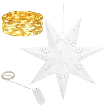 Gwiazda papierowa świąteczna biała i lampki choinkowe 10 led ciepły biały 