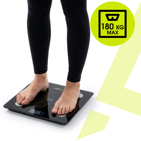 Waga elektroniczna łazienkowa 180 kg domowa ze szkła hartowaneego LCD, z aplikacją czarna