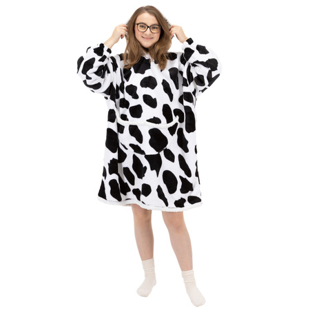 Bluza koc damska 2w1 kocobluza z kapturem ciepła oversize szlafrok futrzak czarno-biała