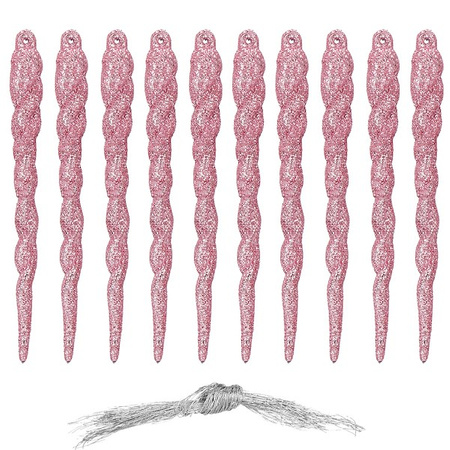 Zawieszki choinkowe 10 szt. 12 cm sople brokatowe różowe