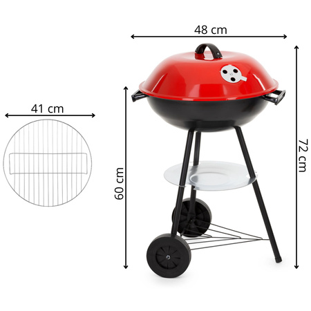 Grill węglowy okrągły, ruszt 41 cm zamykany grill ogrodowy z pokrywą czarno-czerwony