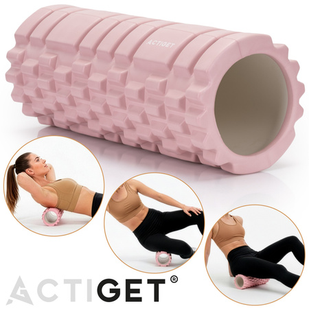 Roller fitness do masażu ciała, średnio twardy, wałek z wypustkami, różowy