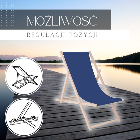 Leżak plażowy składany, drewniany z granatowym materiałem