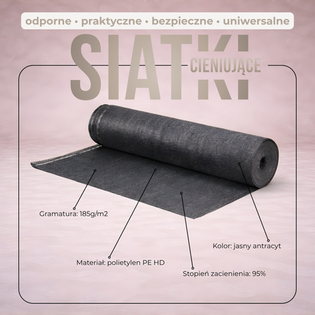 Siatka cieniująca 95% 1,5 x 10 m osłona na ogrodzenie 185g/m2 50 szt. opasek jasny antracyt