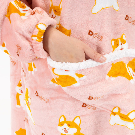 Bluza koc damska 2w1 kocobluza z kapturem ciepła oversize szlafrok futrzak pieski corgi