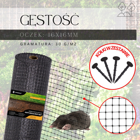 Siatka przeciw kretom nornicom 1 m x 25 m + kołki 50 szt. ochrona przeciw gryzoniom 30g/m2