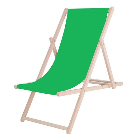 Leżak plażowy składany, drewniany z zielonym materiałem