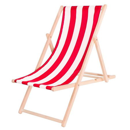 Leżak plażowy składany, drewniany z czerwono-białym materiałem