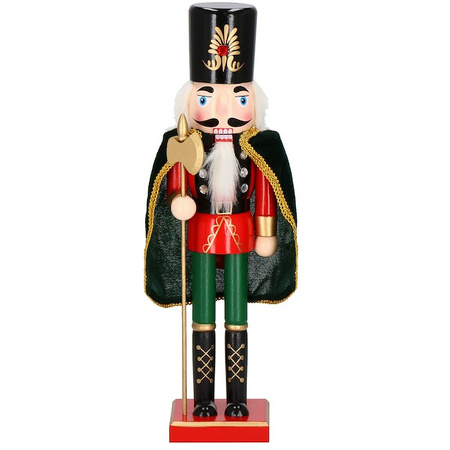 Dziadek do orzechów 38 cm z peleryną, ozdoba świąteczna, figurka drewniany żołnierzyk czerwono-czarny