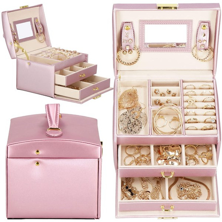 Szkatułka na biżuterię 17,5x14x12,5 cm różowy kuferek z szufladami i lusterkiem