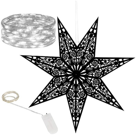 Gwiazda świąteczna papierowa czarna i lampki choinkowe 10 led zimny biały