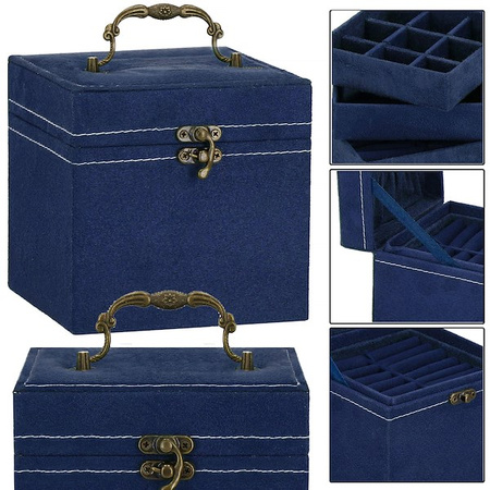 Szkatułka na biżuterię 12x12x12 cm granatowy kuferek z przegródkami welurowy