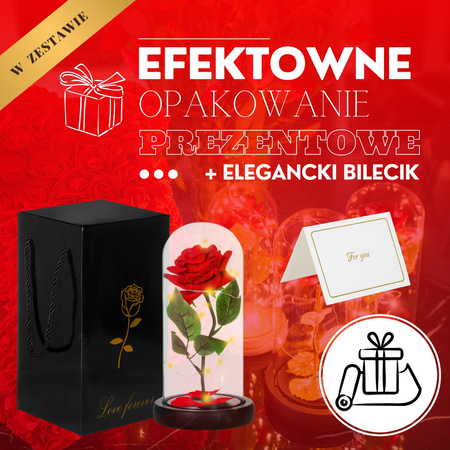 Wieczna róża w kloszu 22 cm świecąca ozdoba LED na prezent czerwona