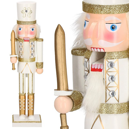 Dziadek do orzechów 38 cm z mieczem, ozdoba świąteczna, figurka drewniany żołnierzyk kremowo-złoty