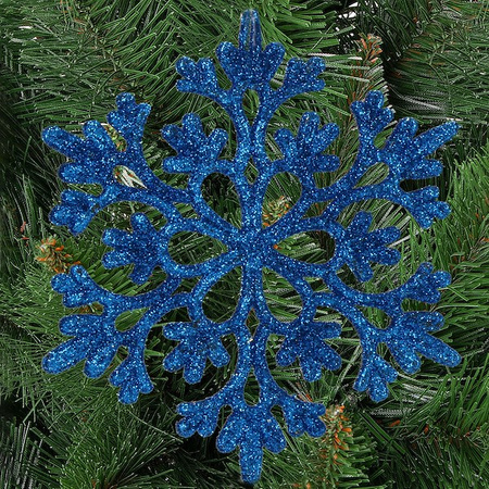 Zawieszki choinkowe 10 cm, niebieskie śnieżynki brokatowe, 12 sztuk