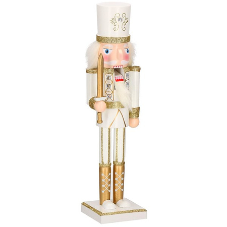 Dziadek do orzechów 38 cm z mieczem, ozdoba świąteczna, figurka drewniany żołnierzyk kremowo-złoty