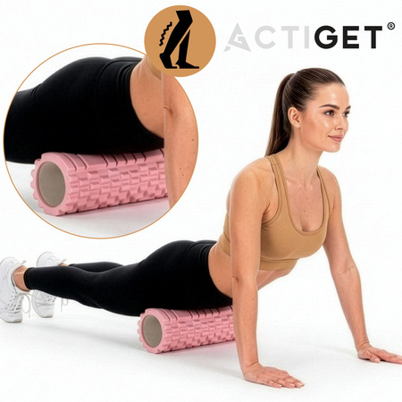 Roller fitness do masażu ciała, średnio twardy, wałek z wypustkami, różowy
