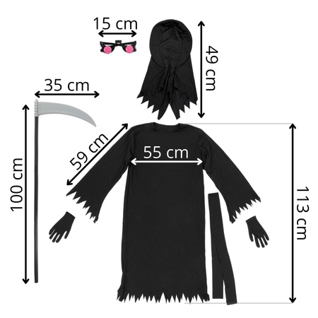 Kostium śmierci na Halloween 146-152 cm peleryna, kosa, okulary LED kostium żniwiarza, strój kostuchy