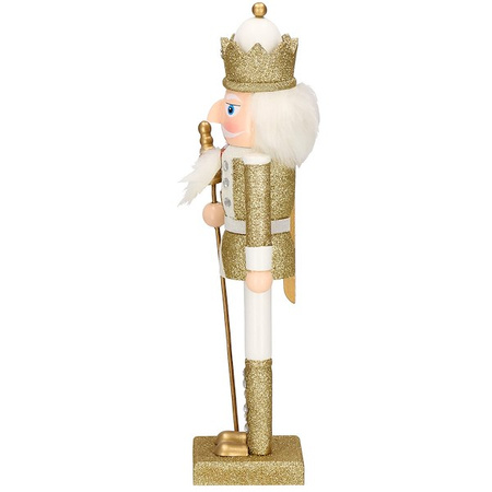 Dziadek do orzechów 38 cm z berłem, ozdoba świąteczna, figurka drewniany żołnierzyk brokatowo złoty