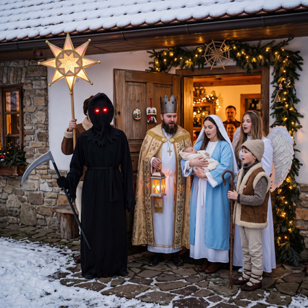 Kostium śmierci na Halloween 146-152 cm peleryna, kosa, okulary LED kostium żniwiarza, strój kostuchy