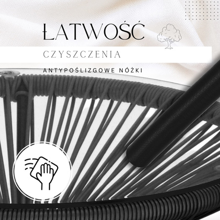 Stolik ogrodowy okrągły rattanowy, szklany blat 50 cm okrągły stół na balkon taras czarny