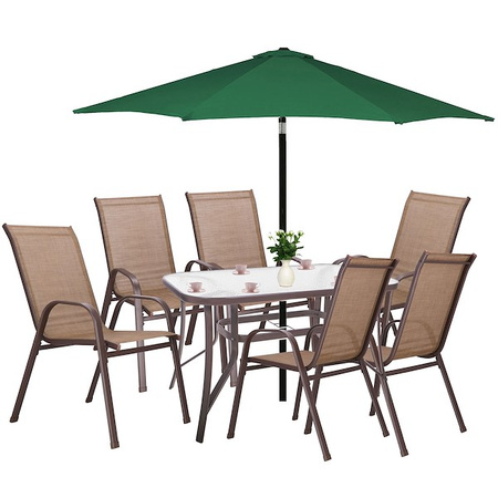 Meble ogrodowe komplet stół ze szkłem hartowanym, 6 krzeseł zestaw na taras brązowy 