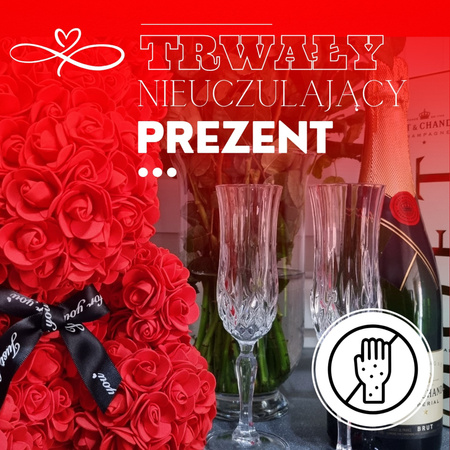 Miś z róż 22 cm czerwony z czarną kokardką miś różany z pudełkiem