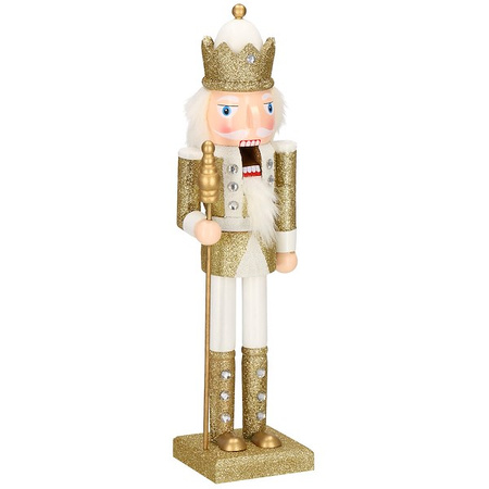Dziadek do orzechów 38 cm z berłem, ozdoba świąteczna, figurka drewniany żołnierzyk brokatowo złoty