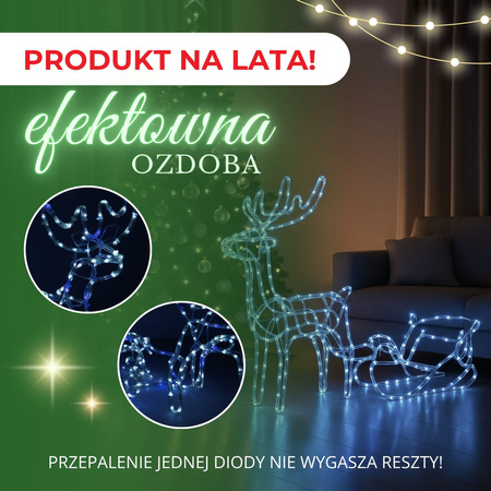 Renifer Led świąteczny z saniami 210 cm świetlna dekoracja biały zimny, niebieski flash