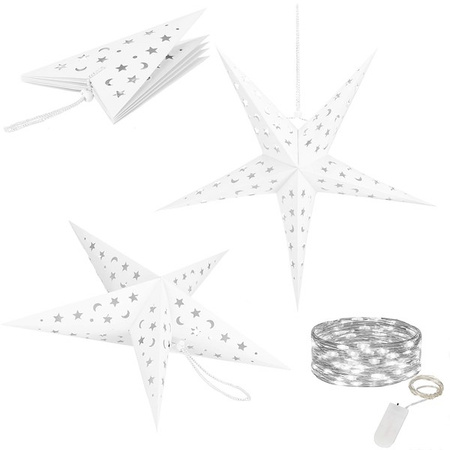 Gwiazda papierowa świąteczna biała 3D 25 cm i lampki choinkowe 10 led zimny biały