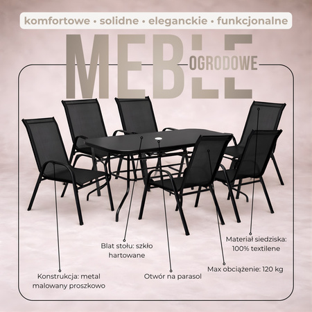Zestaw mebli ogrodowych metalowy stół 150 cm ze szkła hartowanego i 6 krzeseł czarne