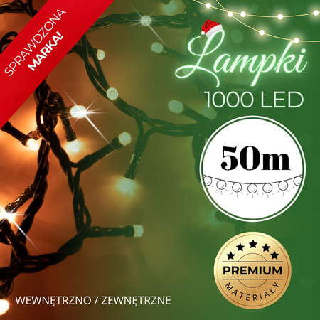 Lampki choinkowe 1000 LED 50 m ciepły biały + flash zewnętrzne oświetlenie świąteczne