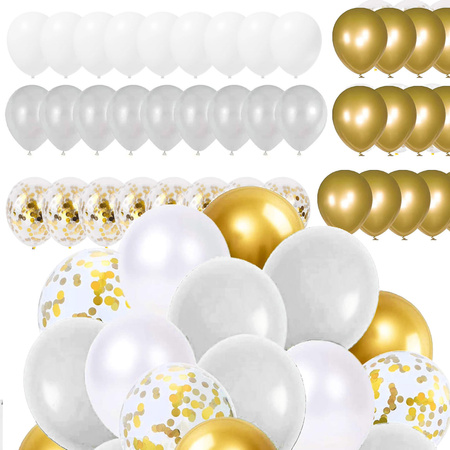 Balony 50 szt. urodzinowe na wieczór panieński, wesele białe, szare, złote, z konfetti