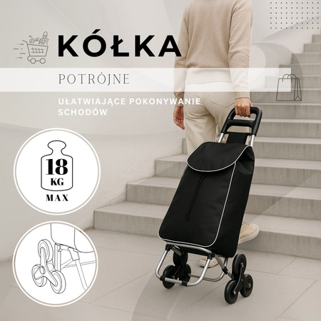 Wózek transporowy na zakupy 30 l torba zakupowa dla seniora na 6 kółkach, schodowa szaro-czarny