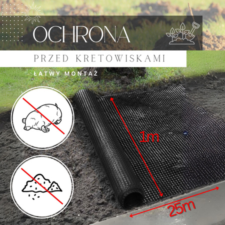 Siatka przeciw kretom nornicom 1 m x 25 m + kołki 50 szt. ochrona przeciw gryzoniom 30g/m2