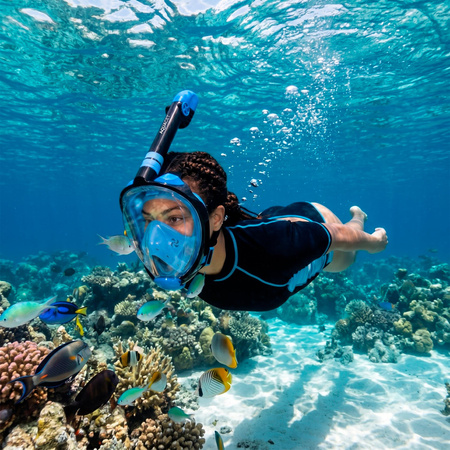 Maska do snorkelingu, nurkowania L/XL pełnotwarzowa z rurką, uchwyt na kamerę, AntiFog, DryTop