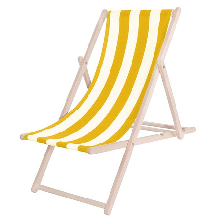 Leżak plażowy składany, drewniany z materiałem w biało-żółte pasy
